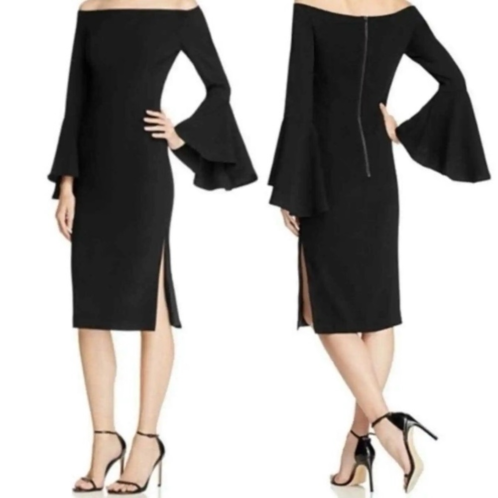 Bardot Sz 8 LBD black fitted sheath dress w/ long statement bell sleeves